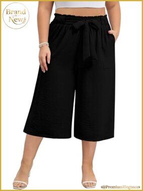 Plus Size Wide Leg Capri Pants High Waisted Loose Palazzo with Pockets